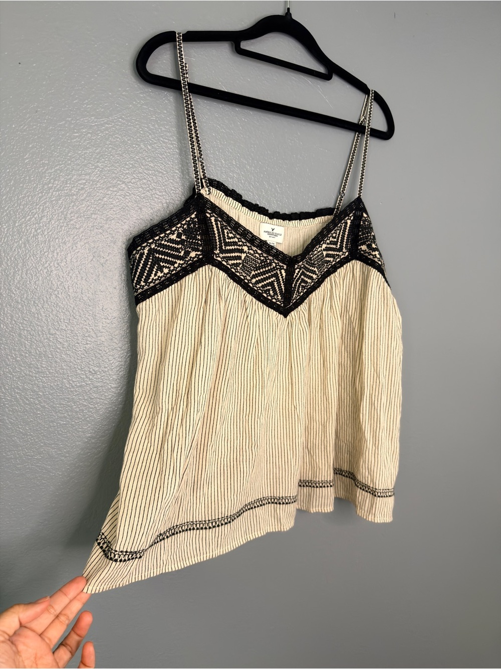 American Eagle Cream and Black Embroidered Camisole with Chain Straps Boho XL